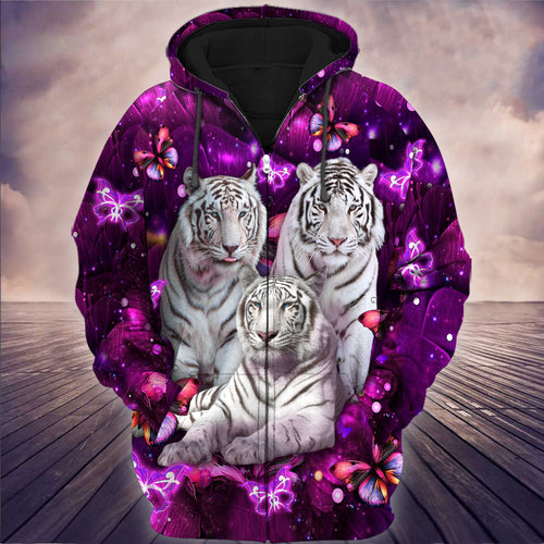 White Tiger Purple Flower 3D All Over Printed Unisex Shirt