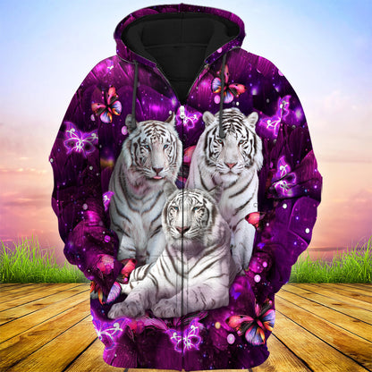 White Tiger Purple Flower 3D All Over Printed Unisex Shirt