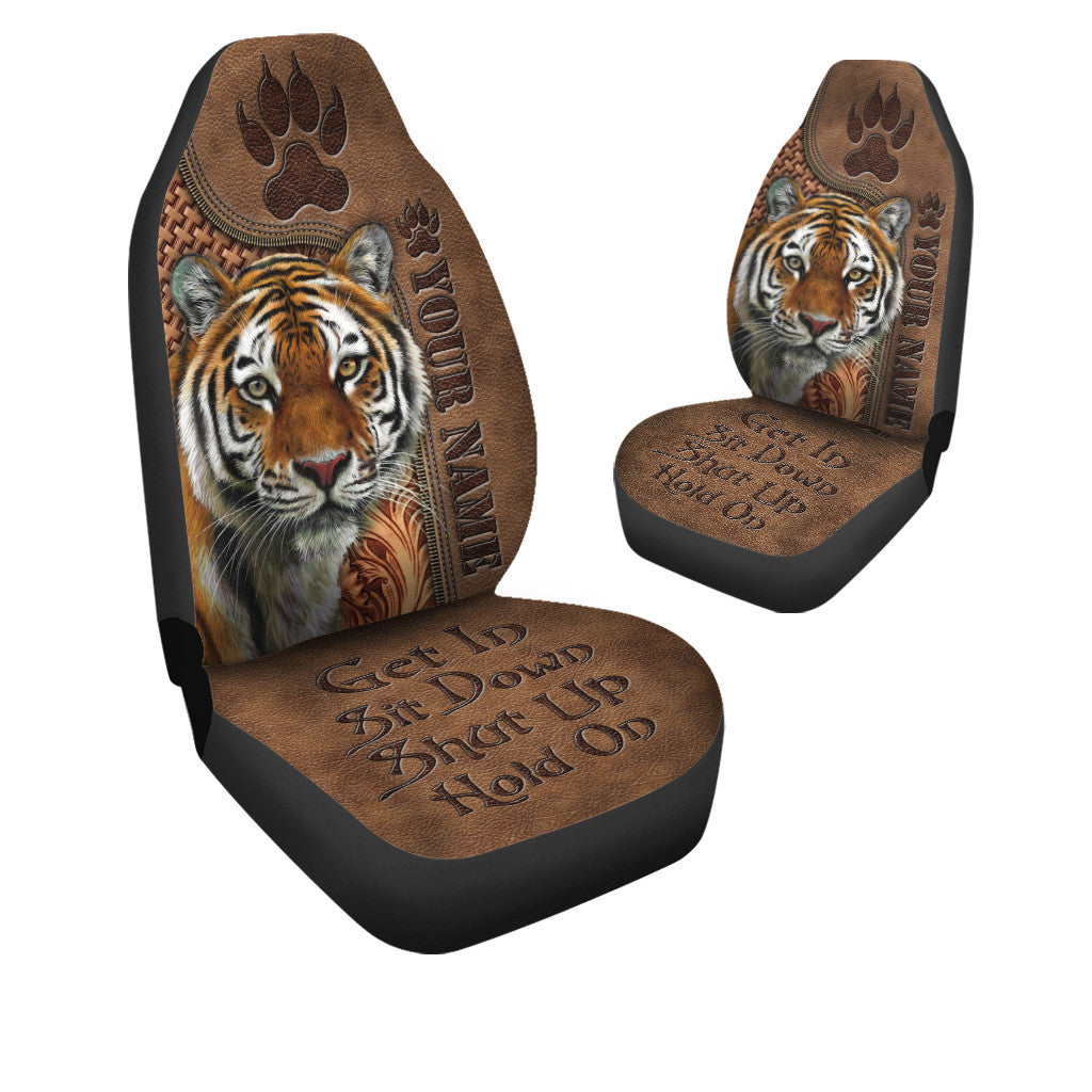 Personalized Name Tiger Leather Hold on Funny Car Seat Covers Universal Fit Set 2