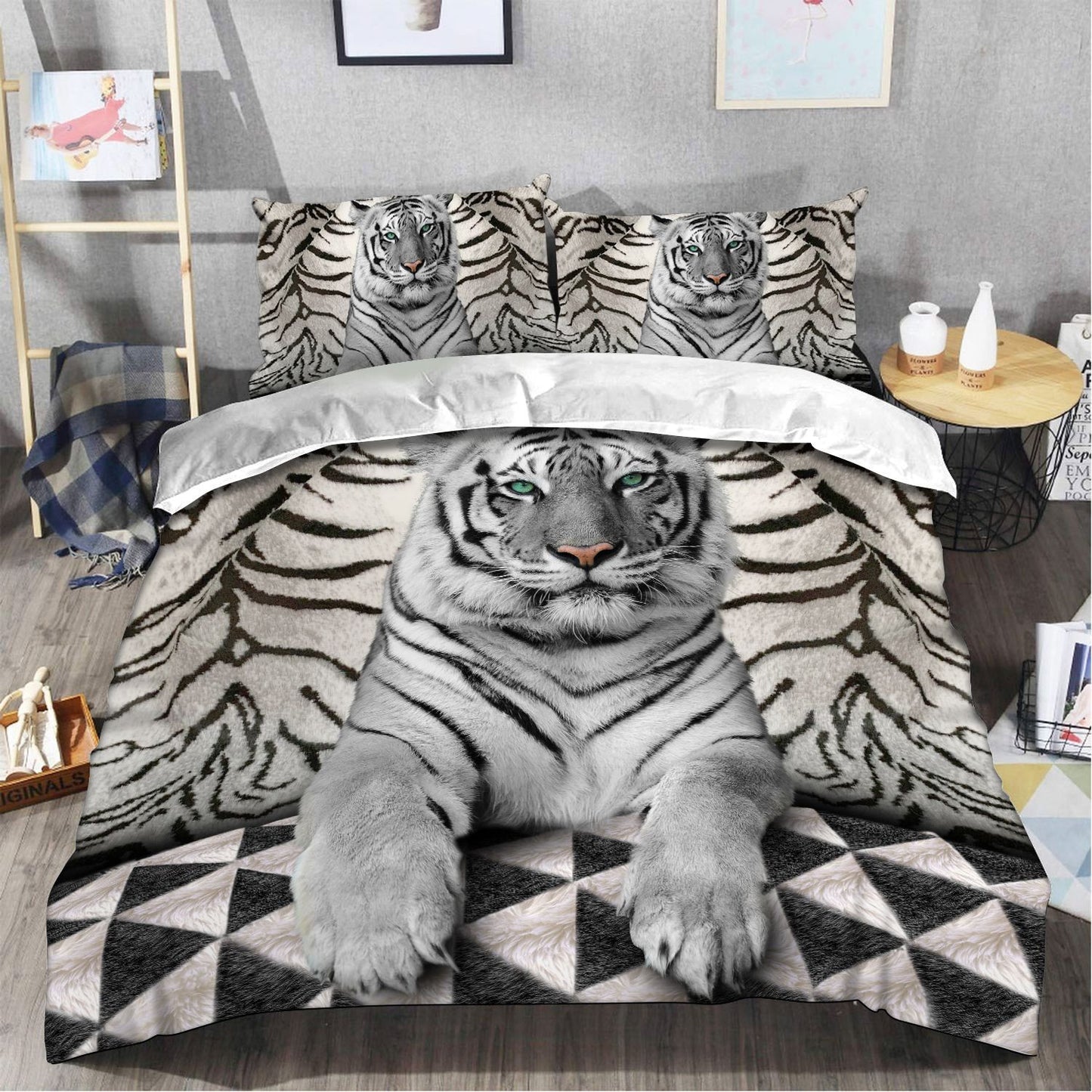 White Tiger Green Eyes All Over Printed Bedding Set