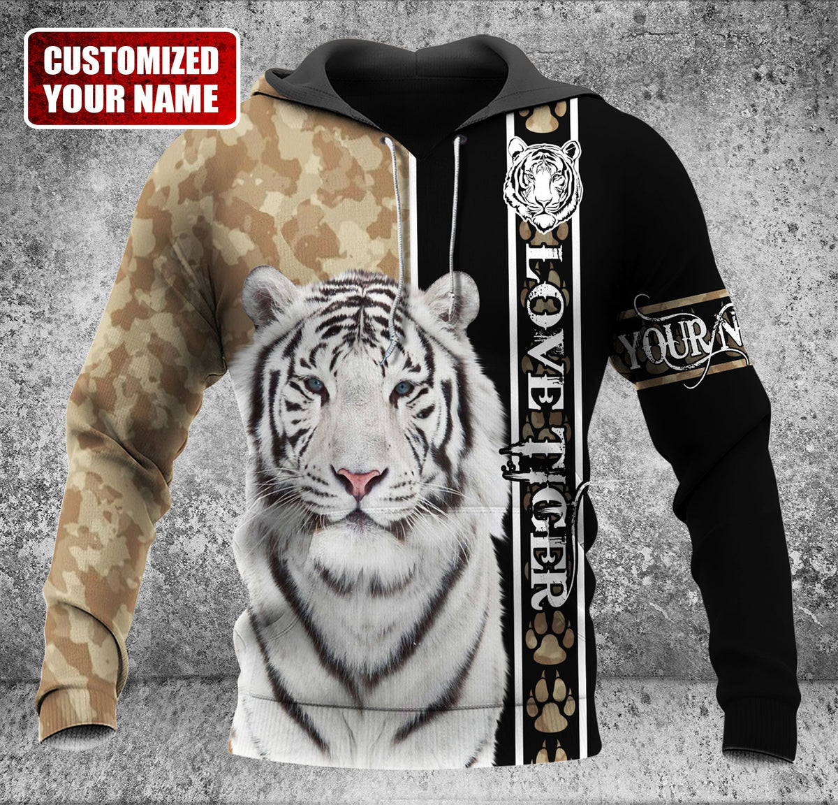 Personalized Name Love White Tiger Brown Camo Pattern All Over Printed Unisex Shirt