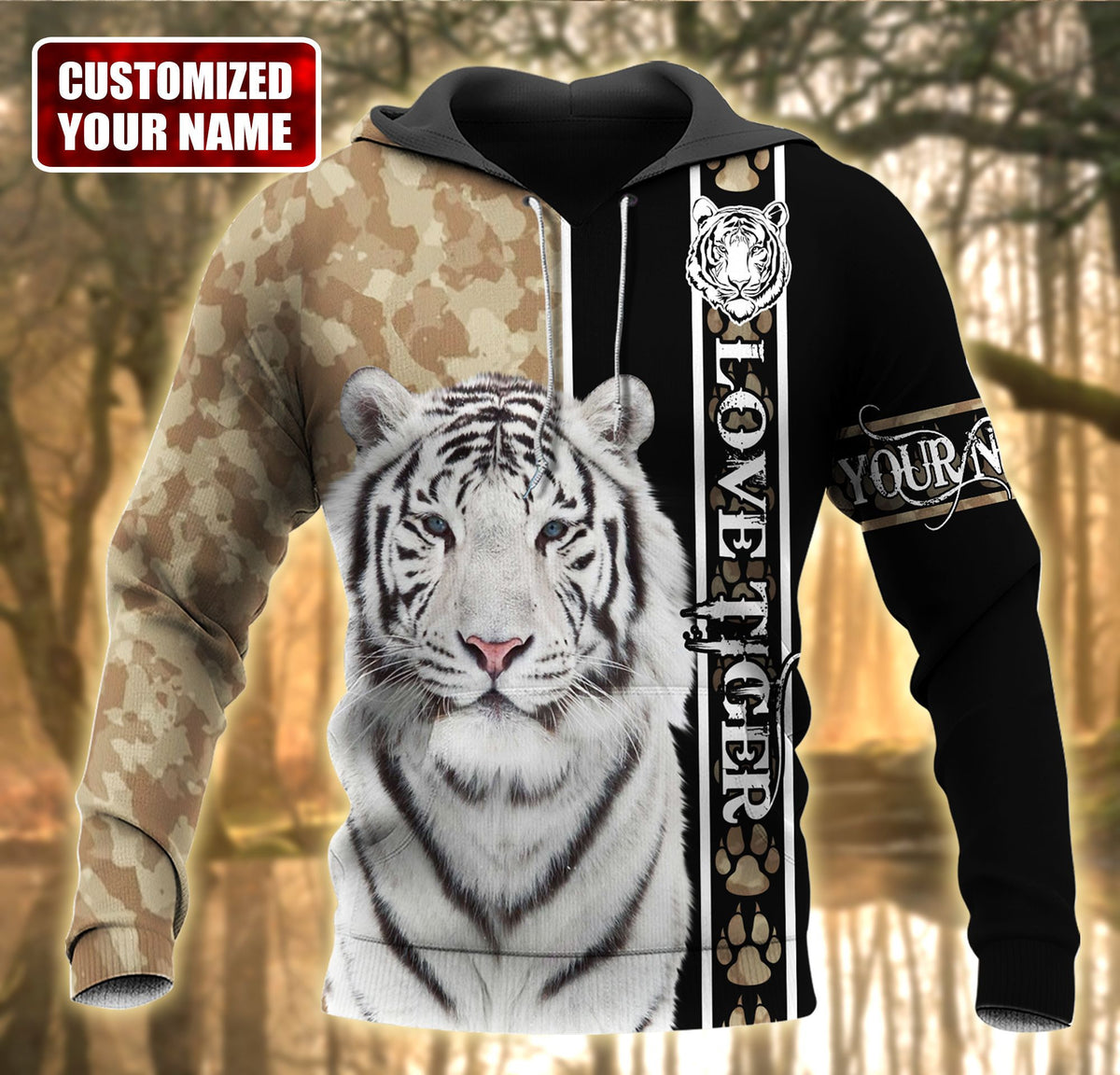 Personalized Name Love White Tiger Brown Camo Pattern All Over Printed Unisex Shirt