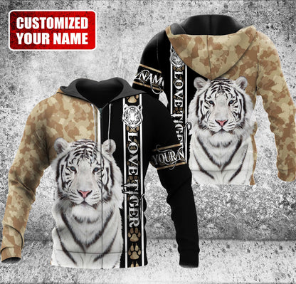 Personalized Name Love White Tiger Brown Camo Pattern All Over Printed Unisex Shirt