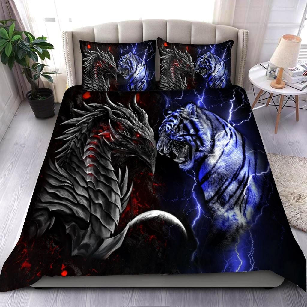 Blue Tiger Vs Red Dragon All Over Printed Bedding Set