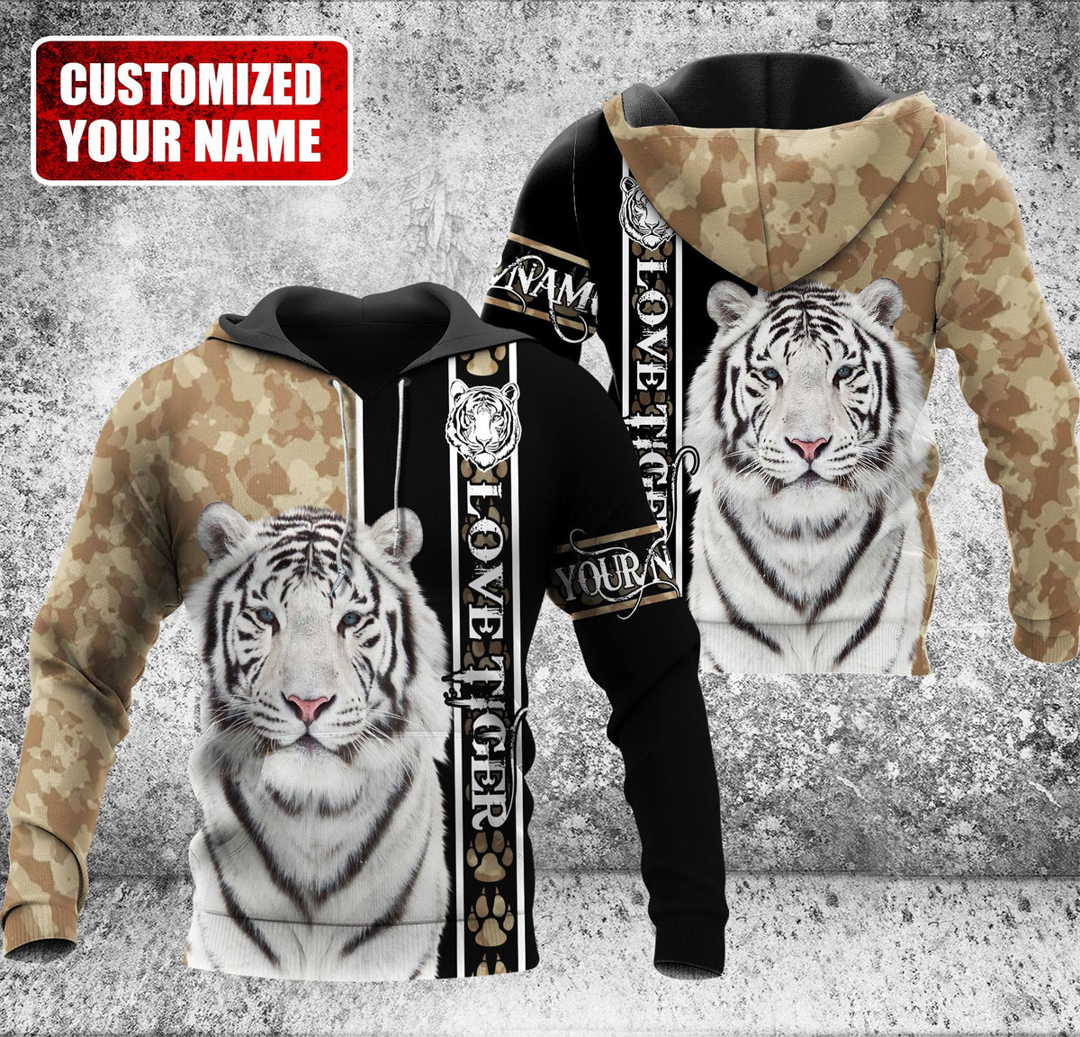 Personalized Name Love White Tiger Brown Camo Pattern All Over Printed Unisex Shirt