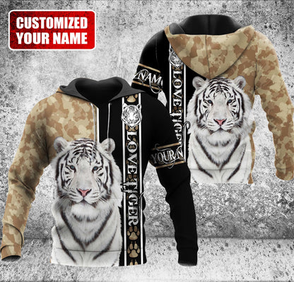 Personalized Name Love White Tiger Brown Camo Pattern All Over Printed Unisex Shirt