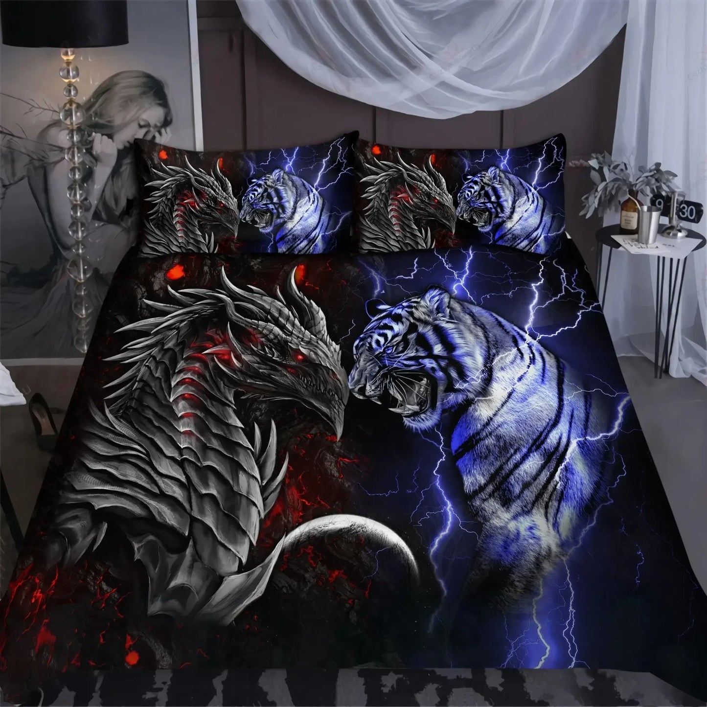 Blue Tiger Vs Red Dragon All Over Printed Bedding Set