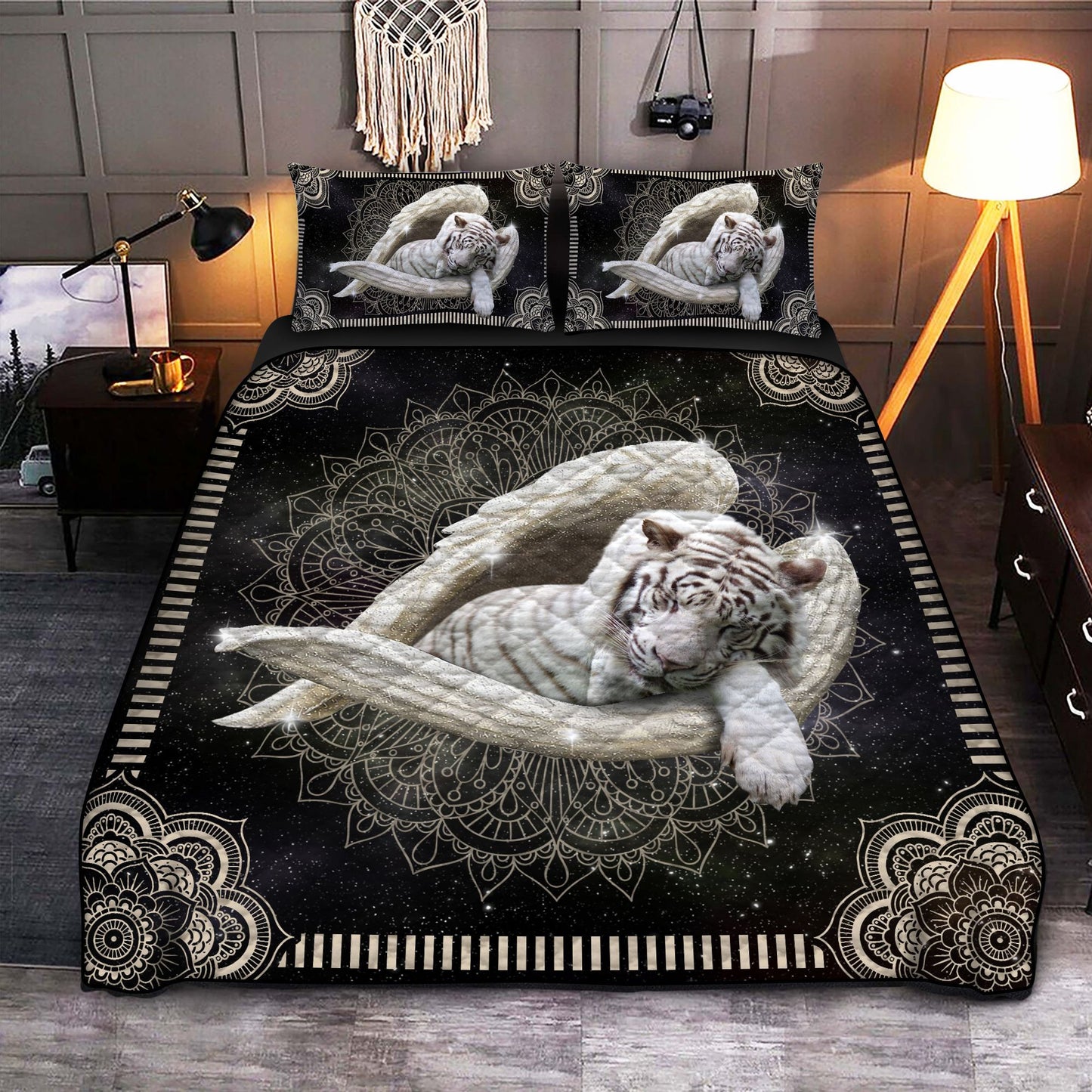 White Tiger Angel Mandala Quilt Bedding Set