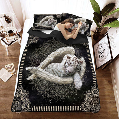 White Tiger Angel Mandala Quilt Bedding Set