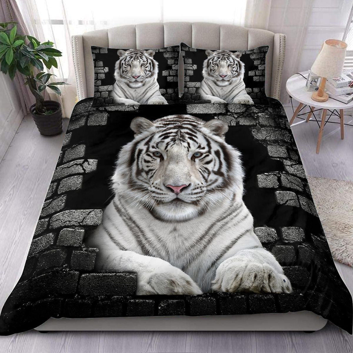 Cool White Tiger Wall All Over Printed Bedding Set