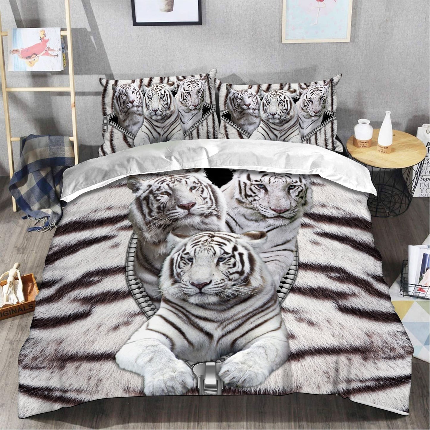 White Tiger Zipper All Over Printed Bedding Set