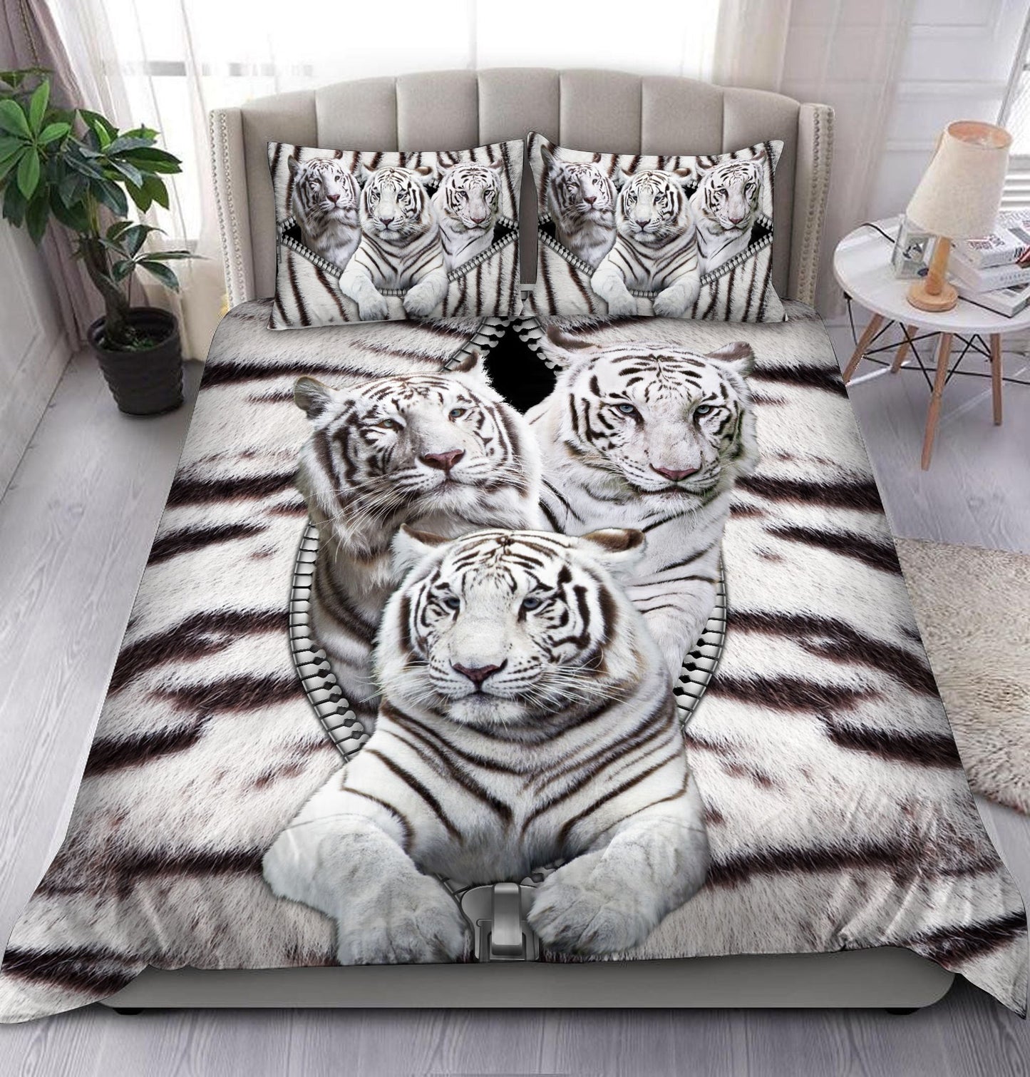 White Tiger Zipper All Over Printed Bedding Set