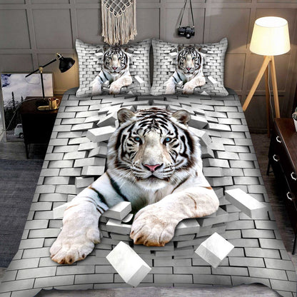 White Tiger Brick Wall All Over Printed Bedding Set