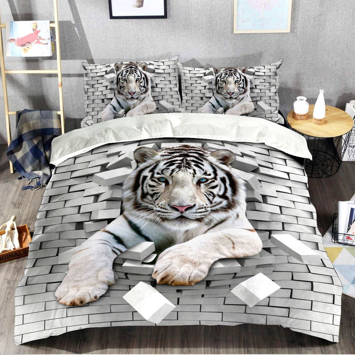 White Tiger Brick Wall All Over Printed Bedding Set