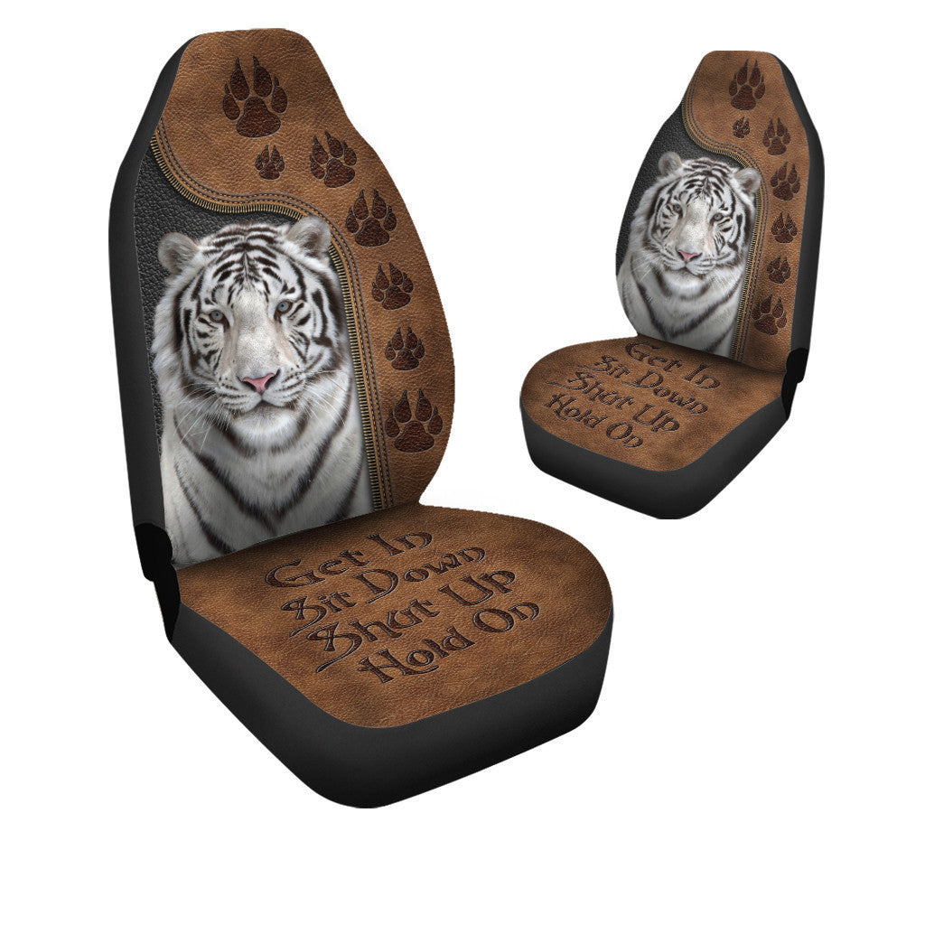 Cool White Tiger Hold on Funny Car Seat Covers Universal Fit Set 2