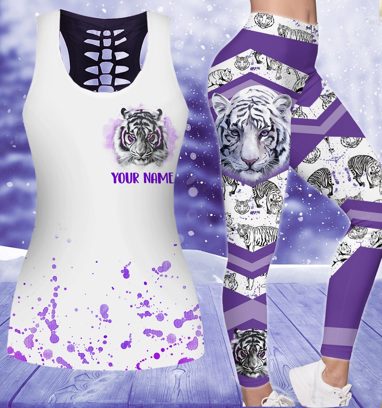 White Tiger Purple Art - Personalized Hoodie and Leggings