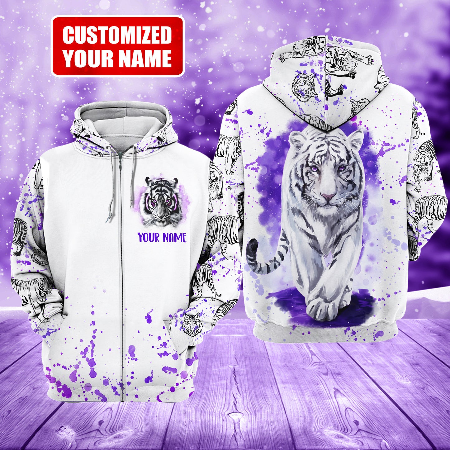 White Tiger Purple Art - Personalized Hoodie and Leggings