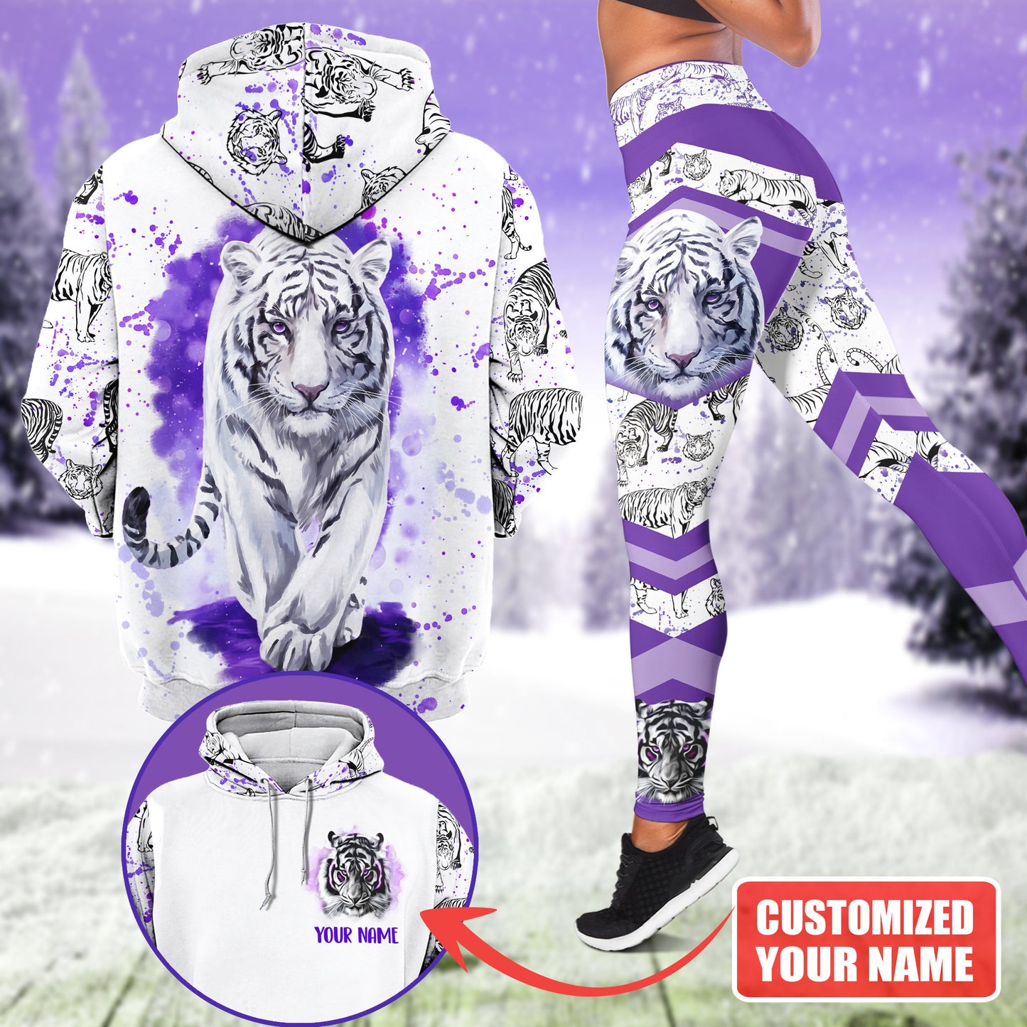 White Tiger Purple Art - Personalized Hoodie and Leggings