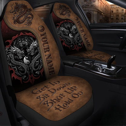 Personalized Name Dragon Tiger Yin Yang Hold on Funny Car Seat Covers Universal Fit Set 2 Q060101