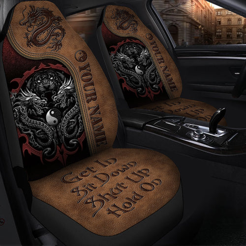 Personalized Name Dragon Tiger Yin Yang Hold on Funny Car Seat Covers Universal Fit Set 2 Q060101