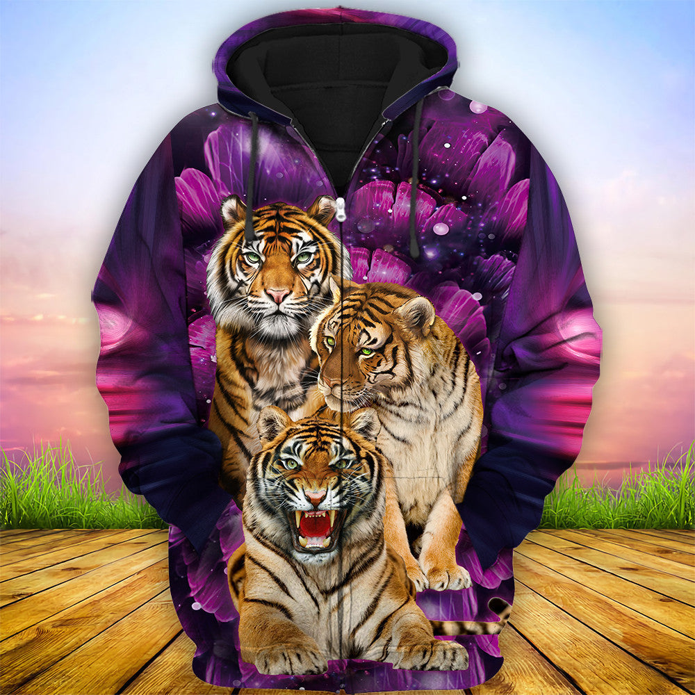 Tiger Purple Flower Pattern All Over Printed Unisex Shirt