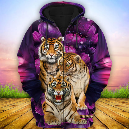 Tiger Purple Flower Pattern All Over Printed Unisex Shirt