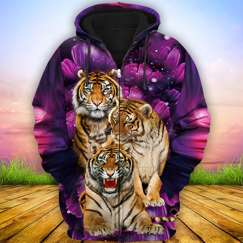 Tiger Purple Flower Pattern All Over Printed Unisex Shirt