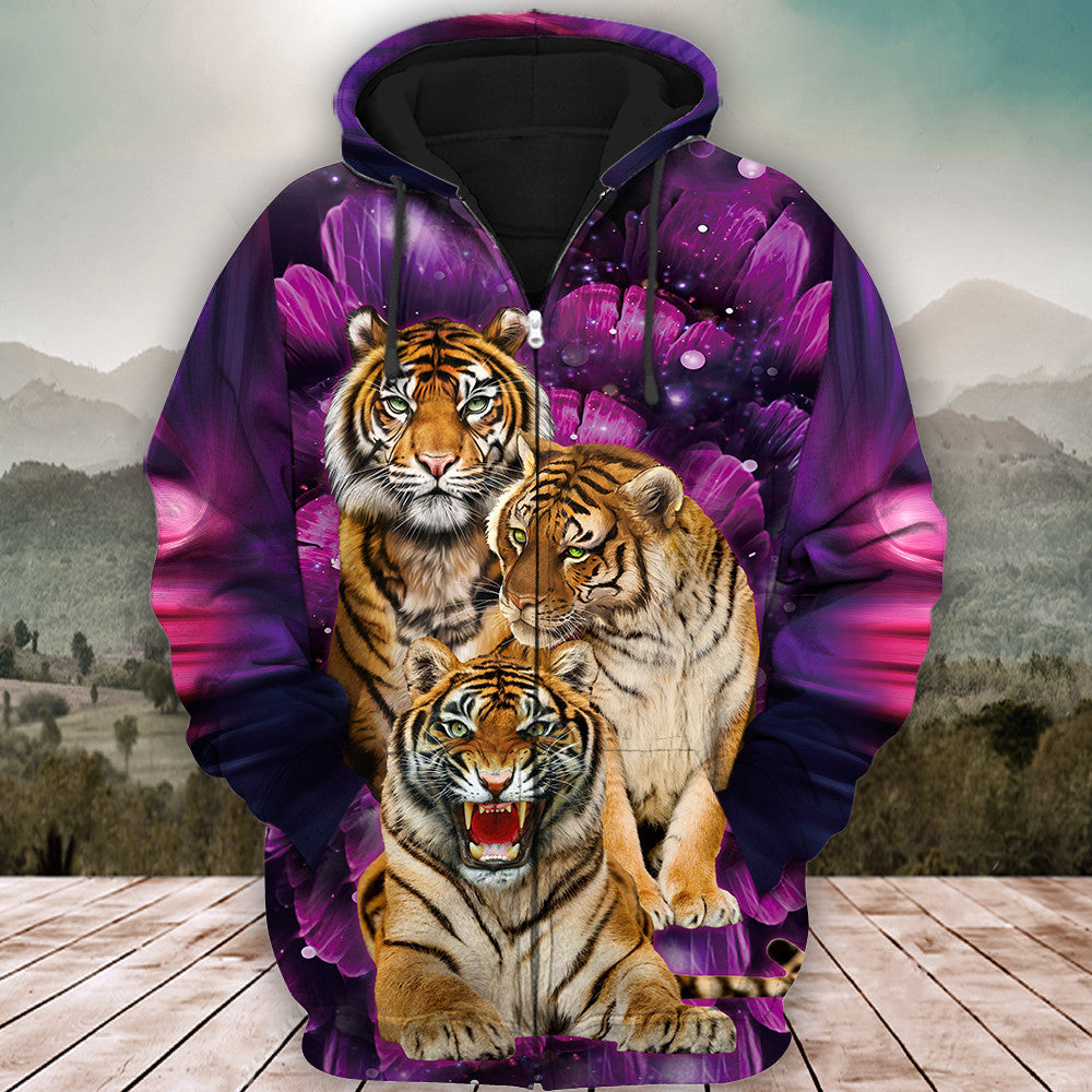 Tiger Purple Flower Pattern All Over Printed Unisex Shirt