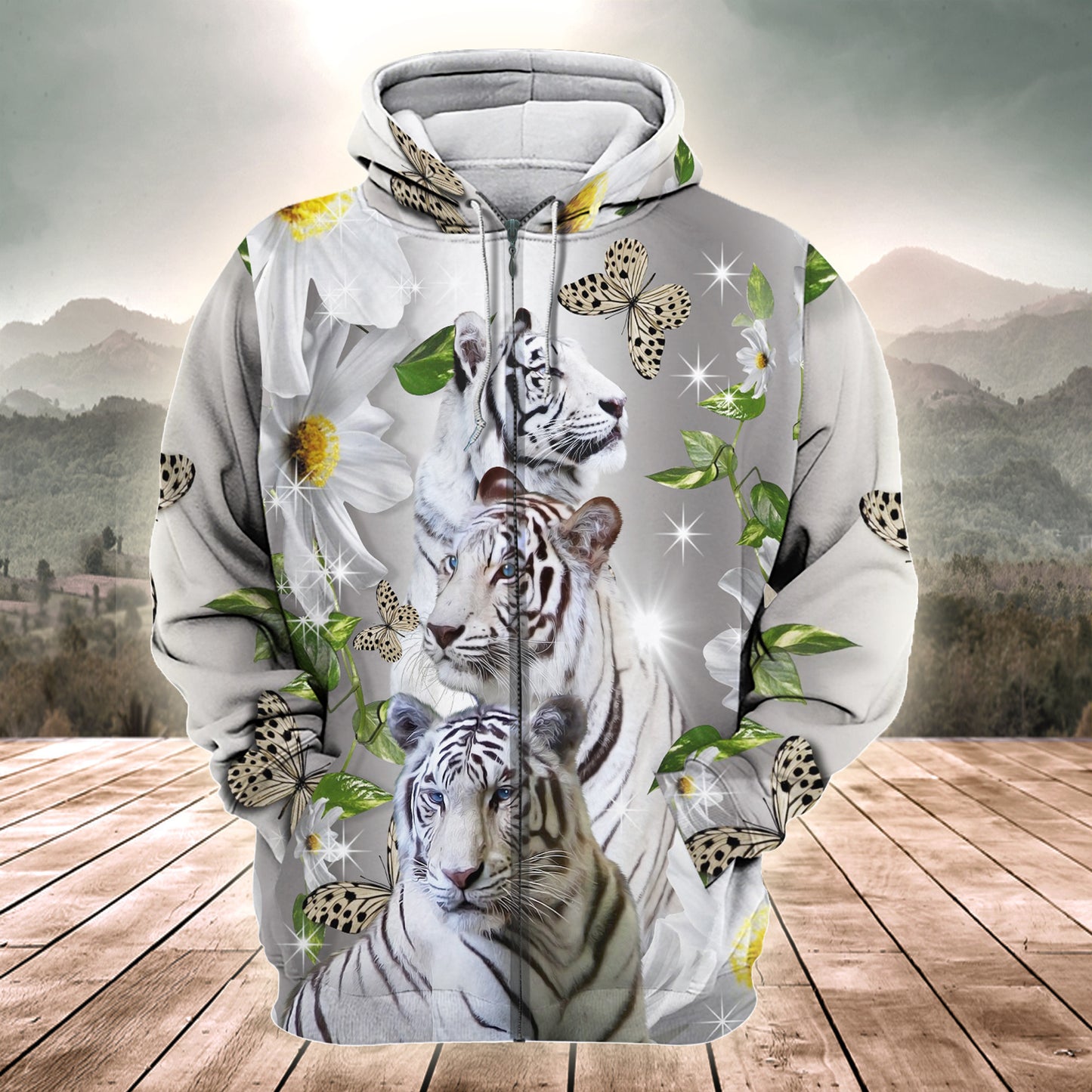 White Tiger Daisy And Butterfly All Over Printed Unisex Shirt