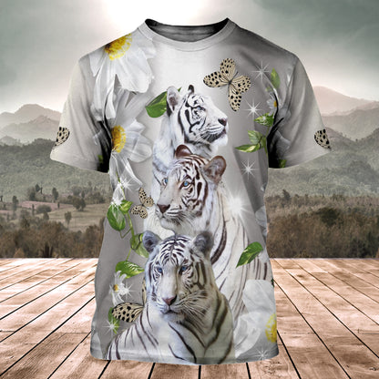 White Tiger Daisy And Butterfly All Over Printed Unisex Shirt