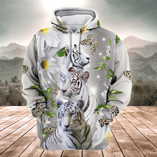 White Tiger Daisy And Butterfly All Over Printed Unisex Shirt