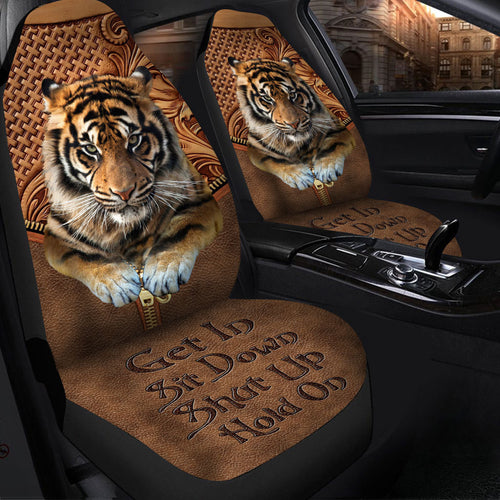 Cool Tiger Leather Hold on Funny Car Seat Covers Universal Fit Set 2