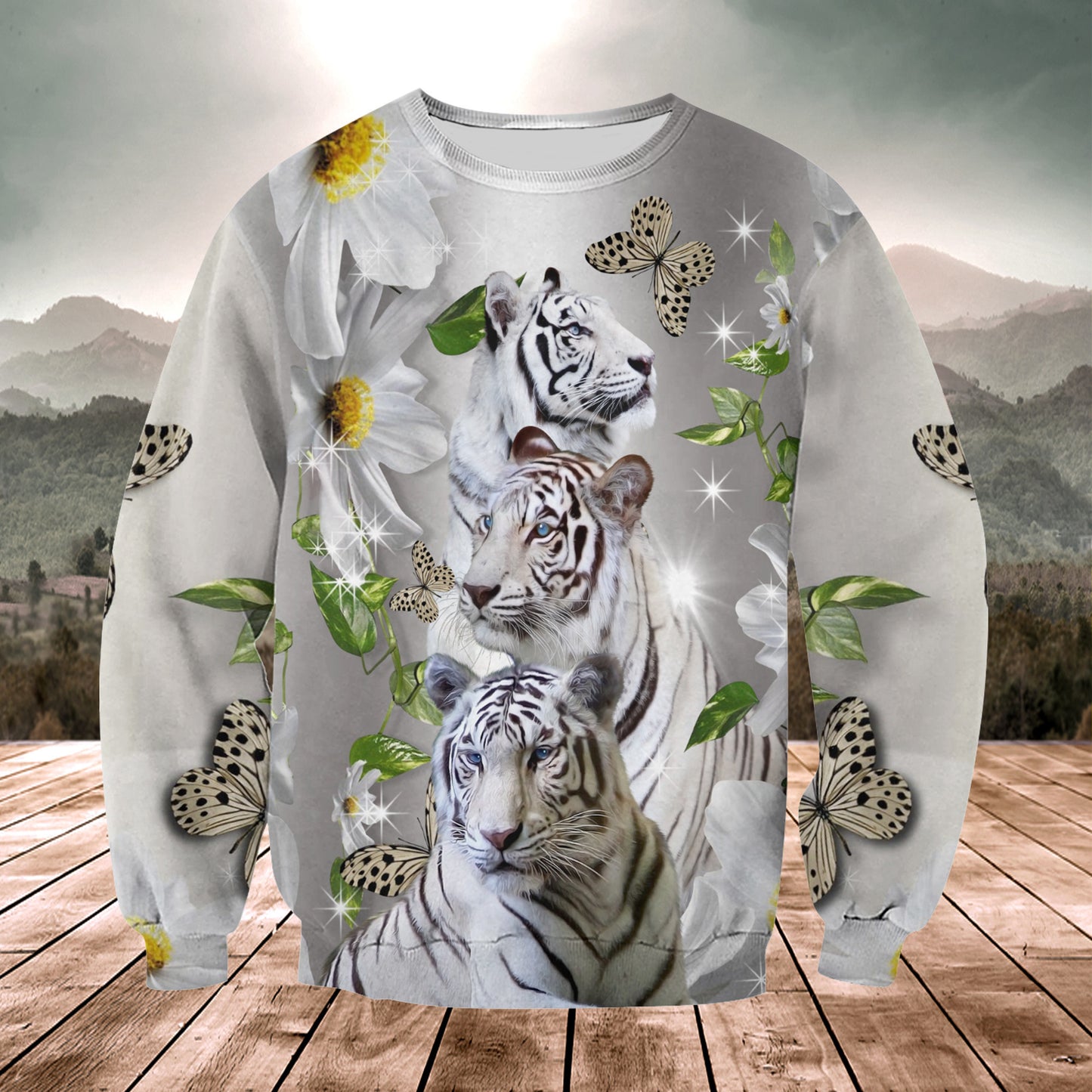 White Tiger Daisy And Butterfly All Over Printed Unisex Shirt