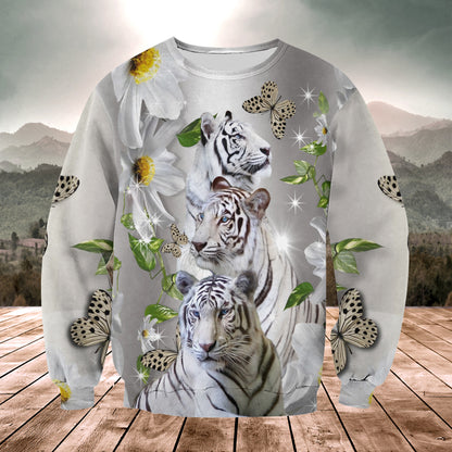 White Tiger Daisy And Butterfly All Over Printed Unisex Shirt