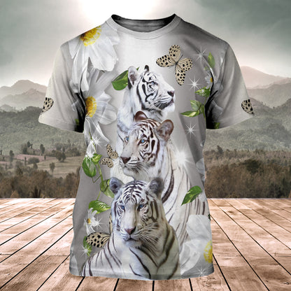White Tiger Daisy And Butterfly All Over Printed Unisex Shirt