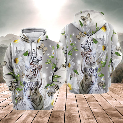 White Tiger Daisy And Butterfly All Over Printed Unisex Shirt