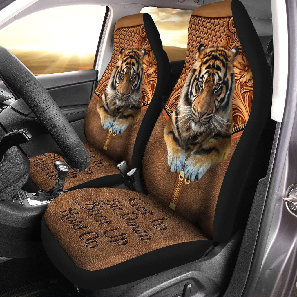 Cool Tiger Leather Hold on Funny Car Seat Covers Universal Fit Set 2
