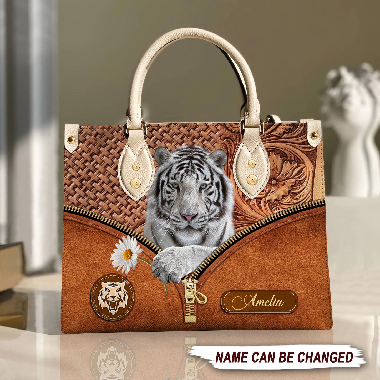 Cool White Tiger Daisy Flower Personalized Leather Handbag