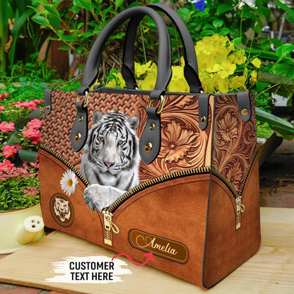 Cool White Tiger Daisy Flower Personalized Leather Handbag