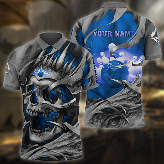 Personalized Name Bowling Skull Blue Version All Over Printed Unisex Shirt