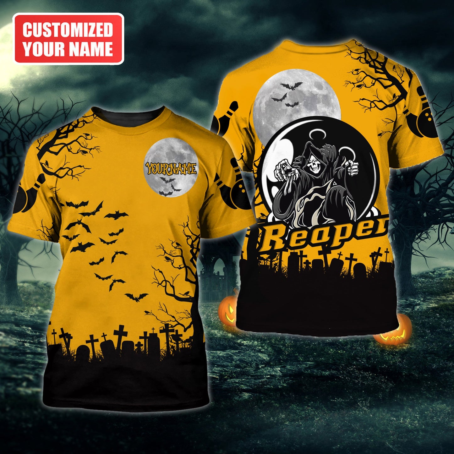Personalized Name Bowling Halloween Reaper All Over Printed Unisex Shirt