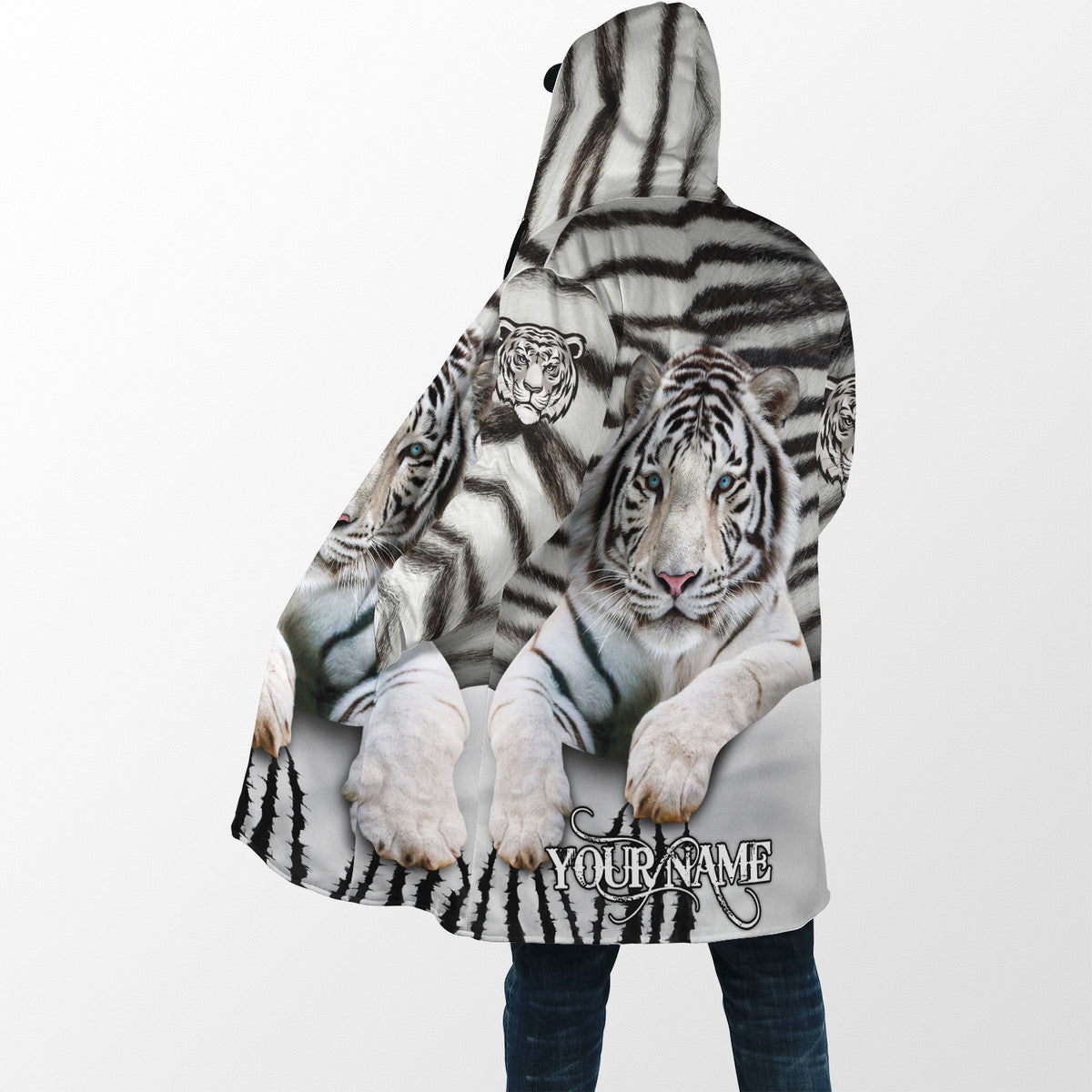 Personalized Name White Tiger Hooded Cloak Q300807