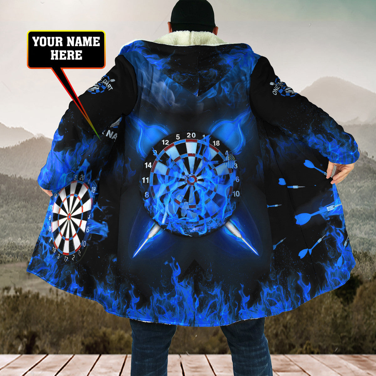 Personalized Name Blue Darts Fire Hooded Cloak Q210912