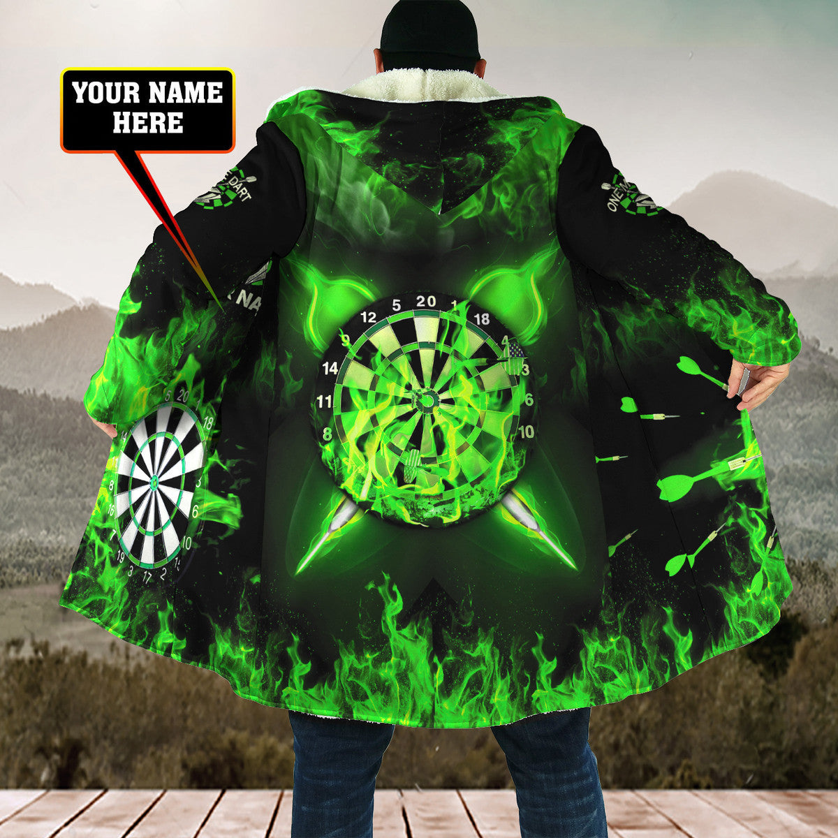 Personalized Name Green Darts Fire Hooded Cloak Q210912