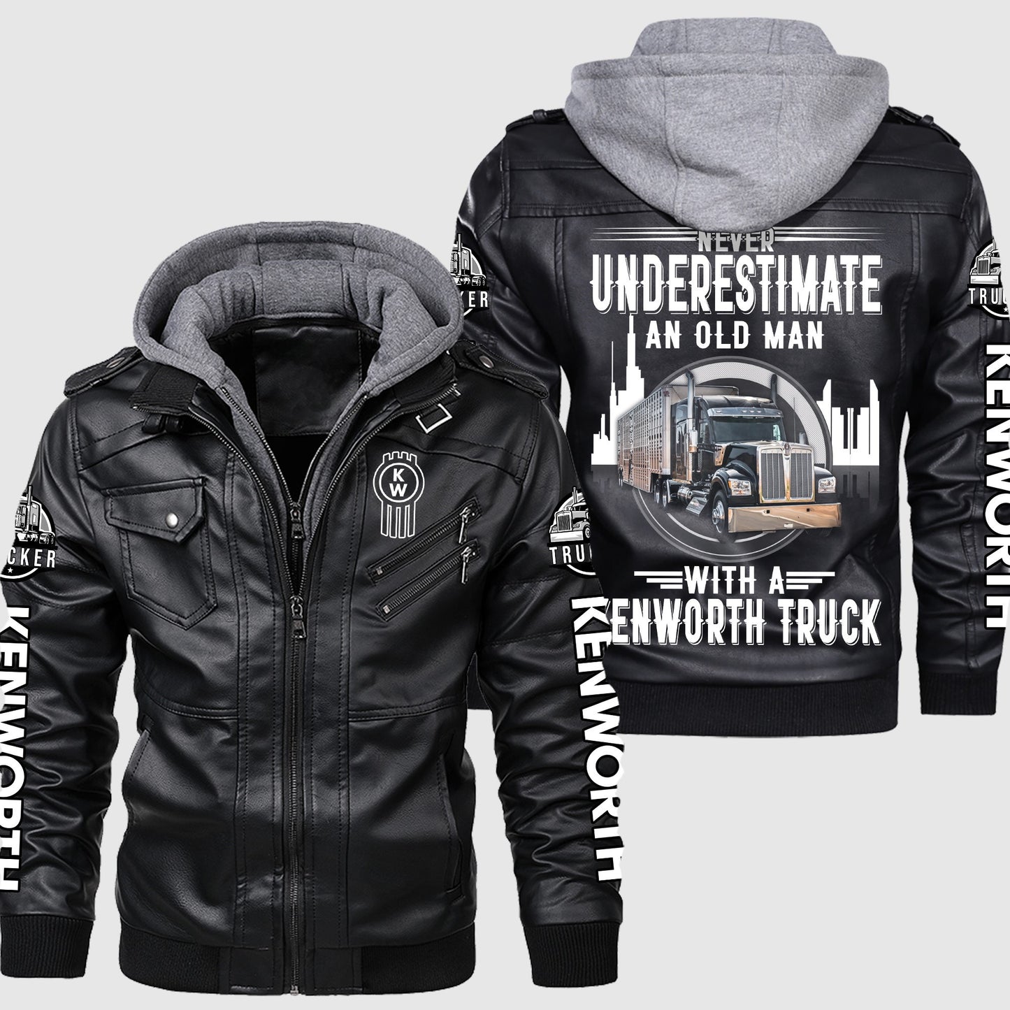 Personaziled KW Truck Zip Leather Jacket with Hood P080205