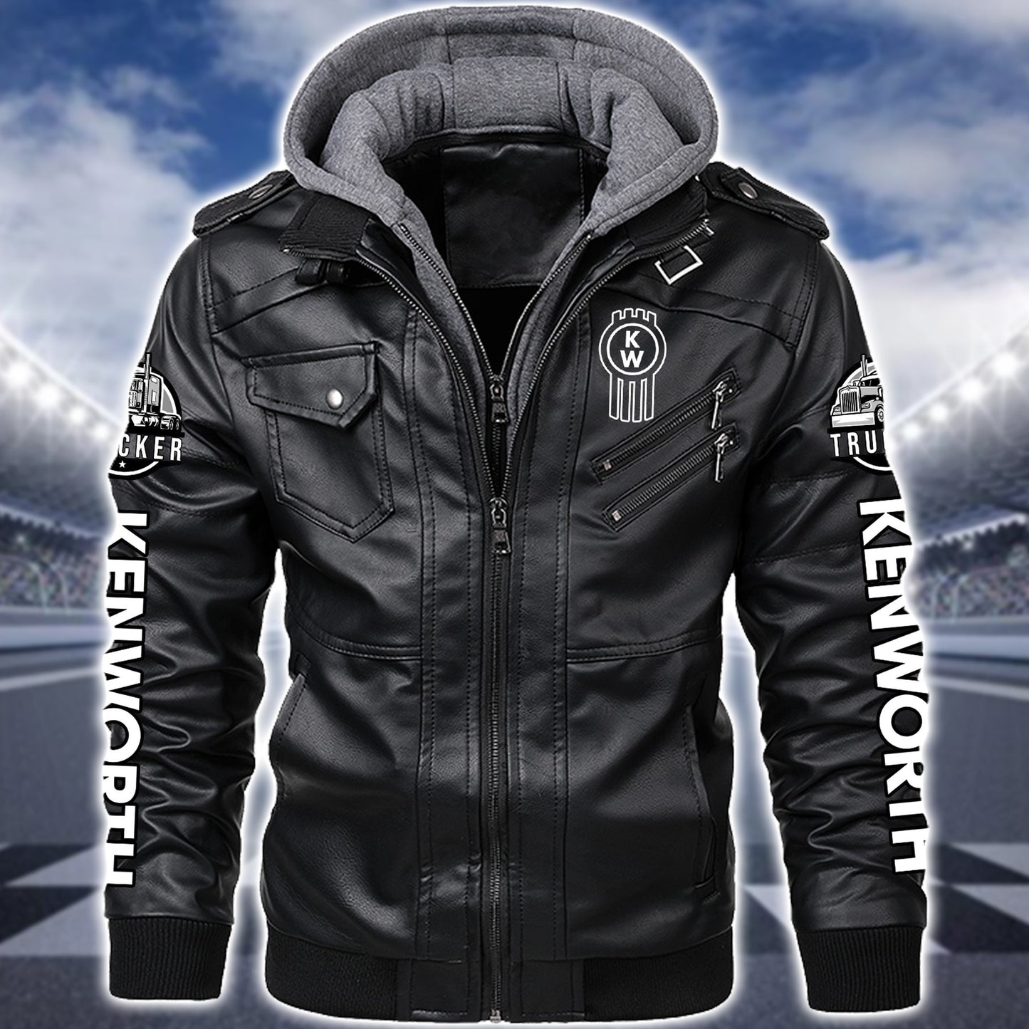 Personaziled KW Truck Zip Leather Jacket with Hood P080205