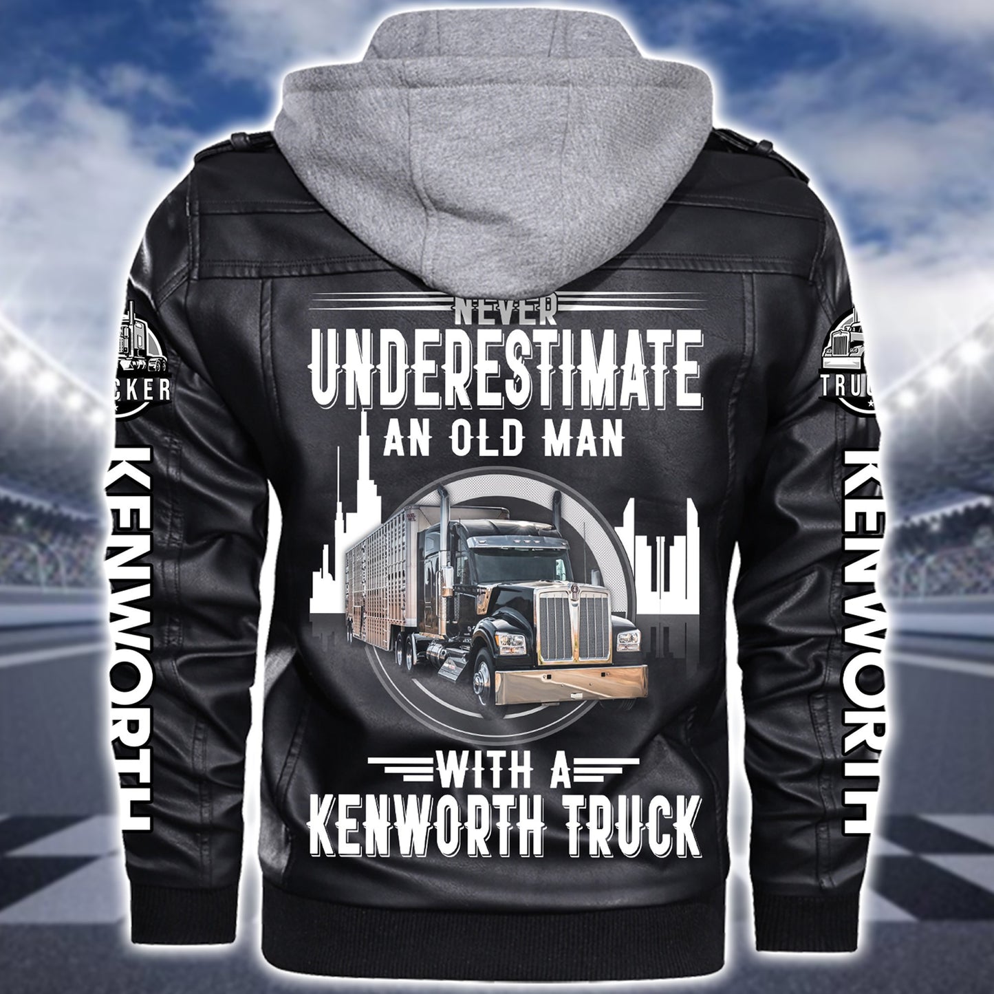 Personaziled KW Truck Zip Leather Jacket with Hood P080205