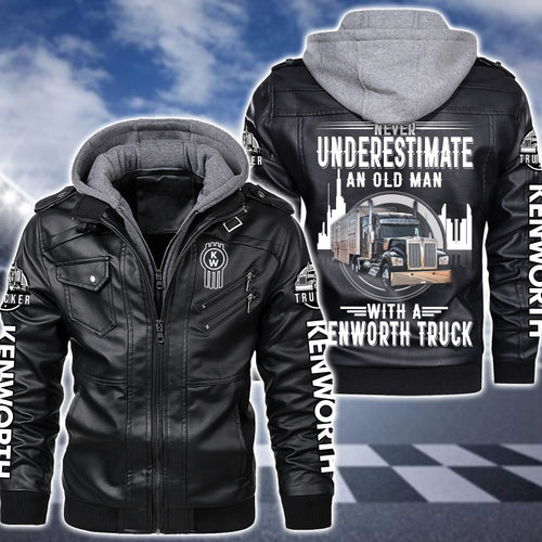 Personaziled KW Truck Zip Leather Jacket with Hood P080205