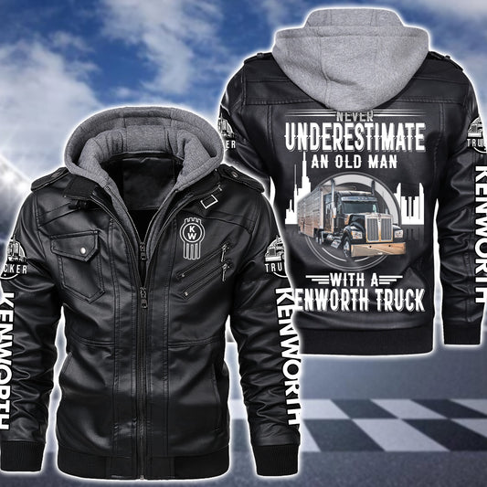 Personaziled KW Truck Zip Leather Jacket with Hood P080205