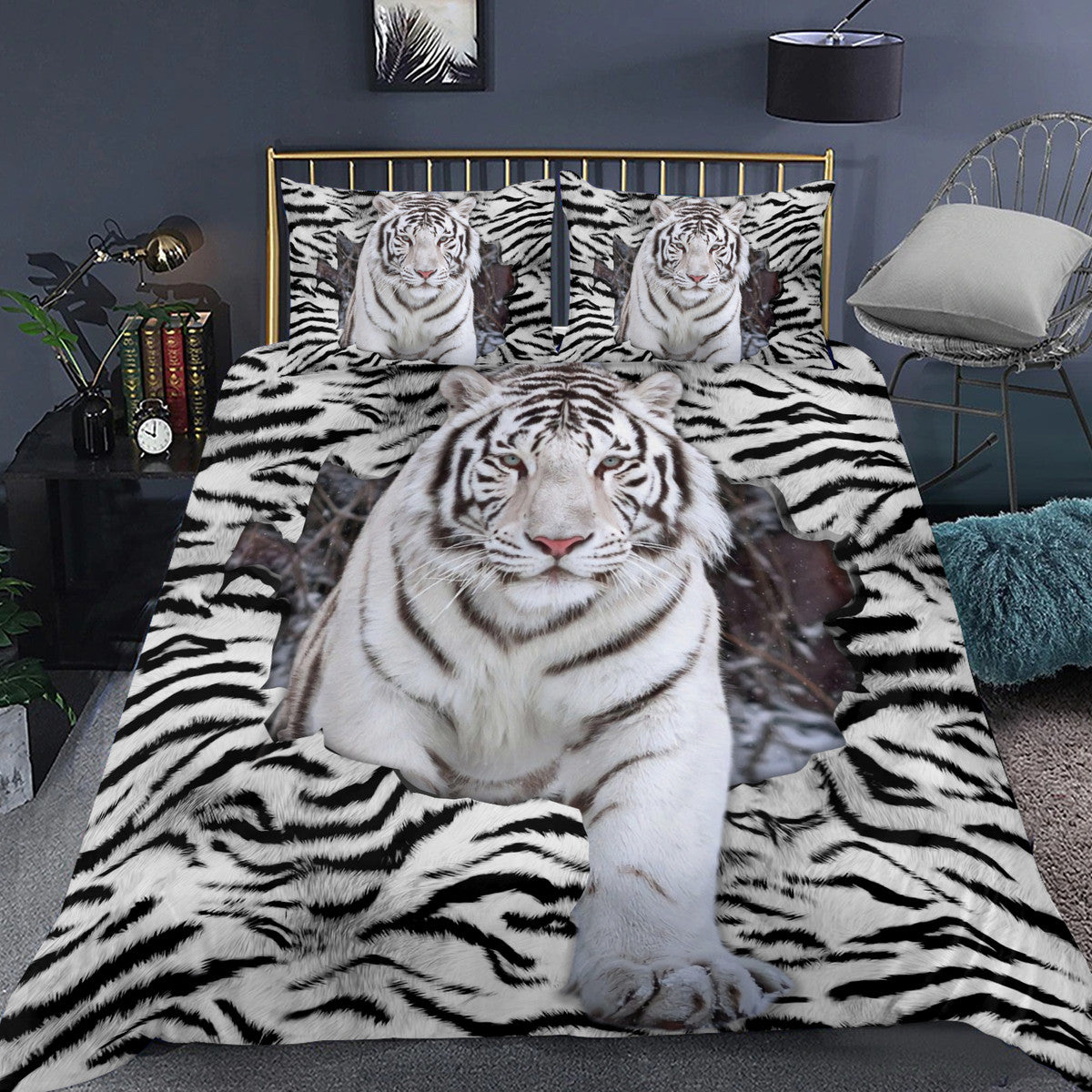 White Tiger Pattern All Over Printed Bedding Set Q090205